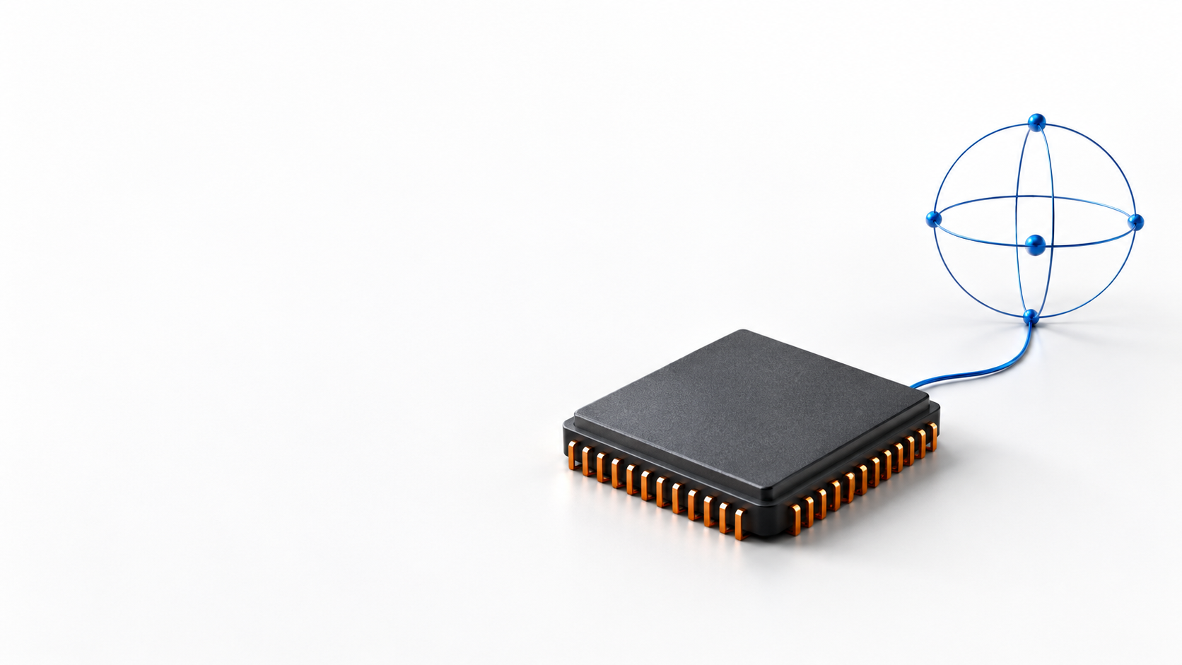 Concept illustration of a graphite chip with orange pins connected to a blue wire sphere