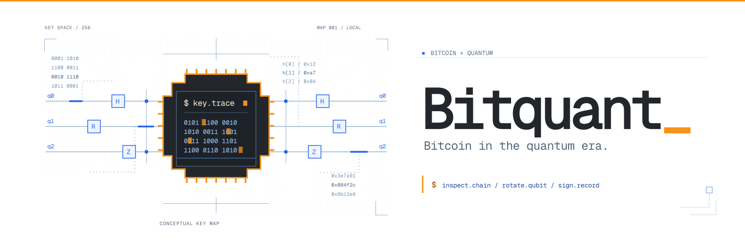 Bitquant terminal banner with the key.trace chip, orange pins and blue quantum circuit